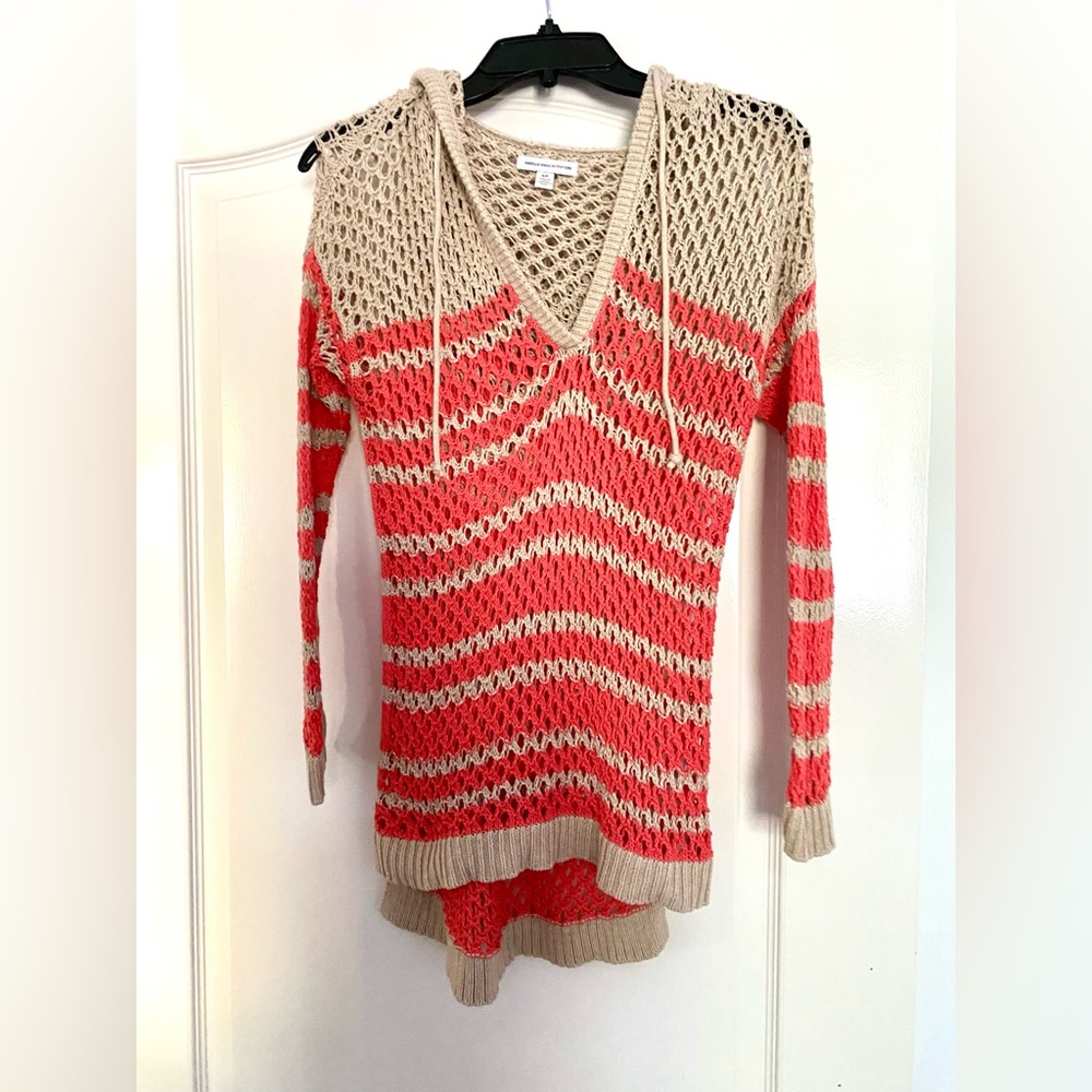 American Eagle Outfitters Hooded Sweater Crotched Coral Beige Open Knit Petite S